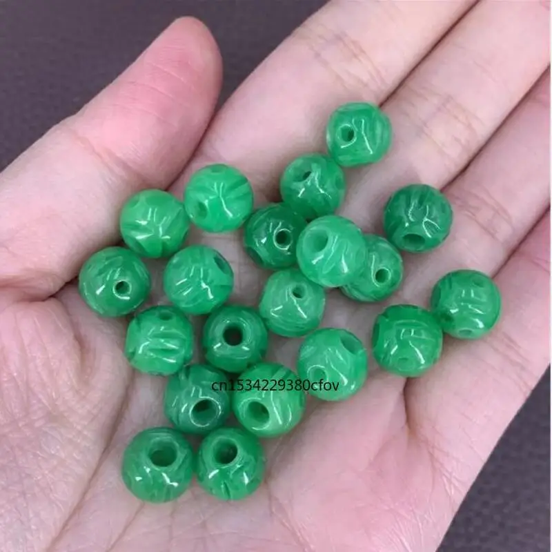 

10pc Natural A Green Jade 8-10mm Hollow gold beads DIY Bracelet Bangle Charm Jadeite Jewellery Fashion Amulet Gifts Women Men