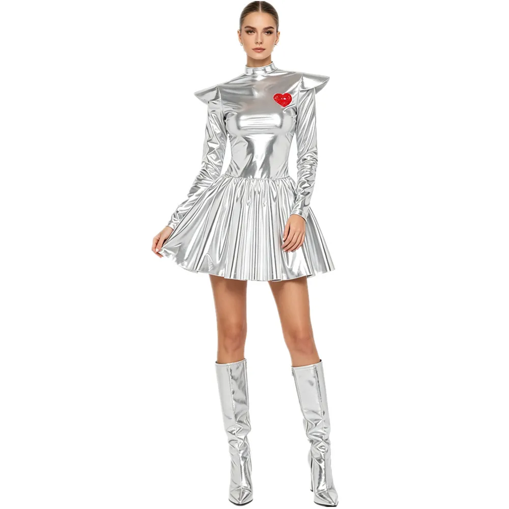 Disfraz de alienígena espacial de metal con cremallera y lentejuelas, vestido de manga larga con forro de tul y corazón, ideal para fiestas temáticas de Halloween para mujer, ropa de club.