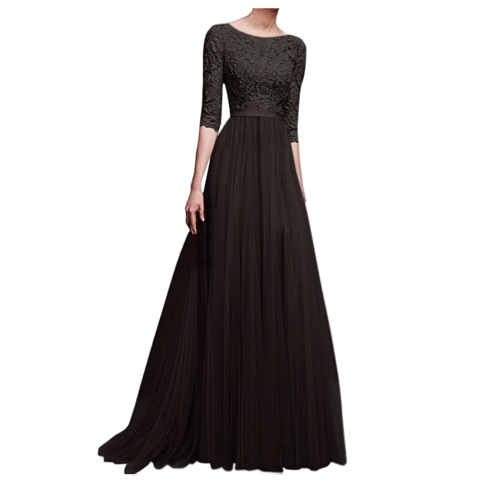 Women Prom Party Dress Round Neck Lace Flower Embroidery Half Sleeve Tight Waist Floor Length Pleated Lady Maxi Evening Dress