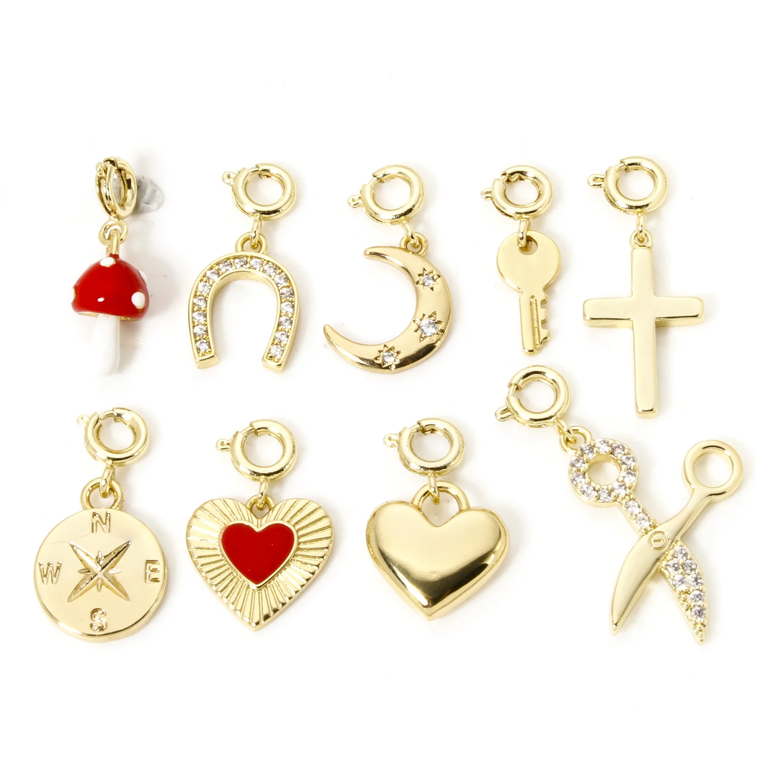 1 Piece Brass Charms 18K Gold Plated With Spring Ring Clasp Heart Horseshoe Pendants For DIY Neckalce Bracelet Jewelry Making