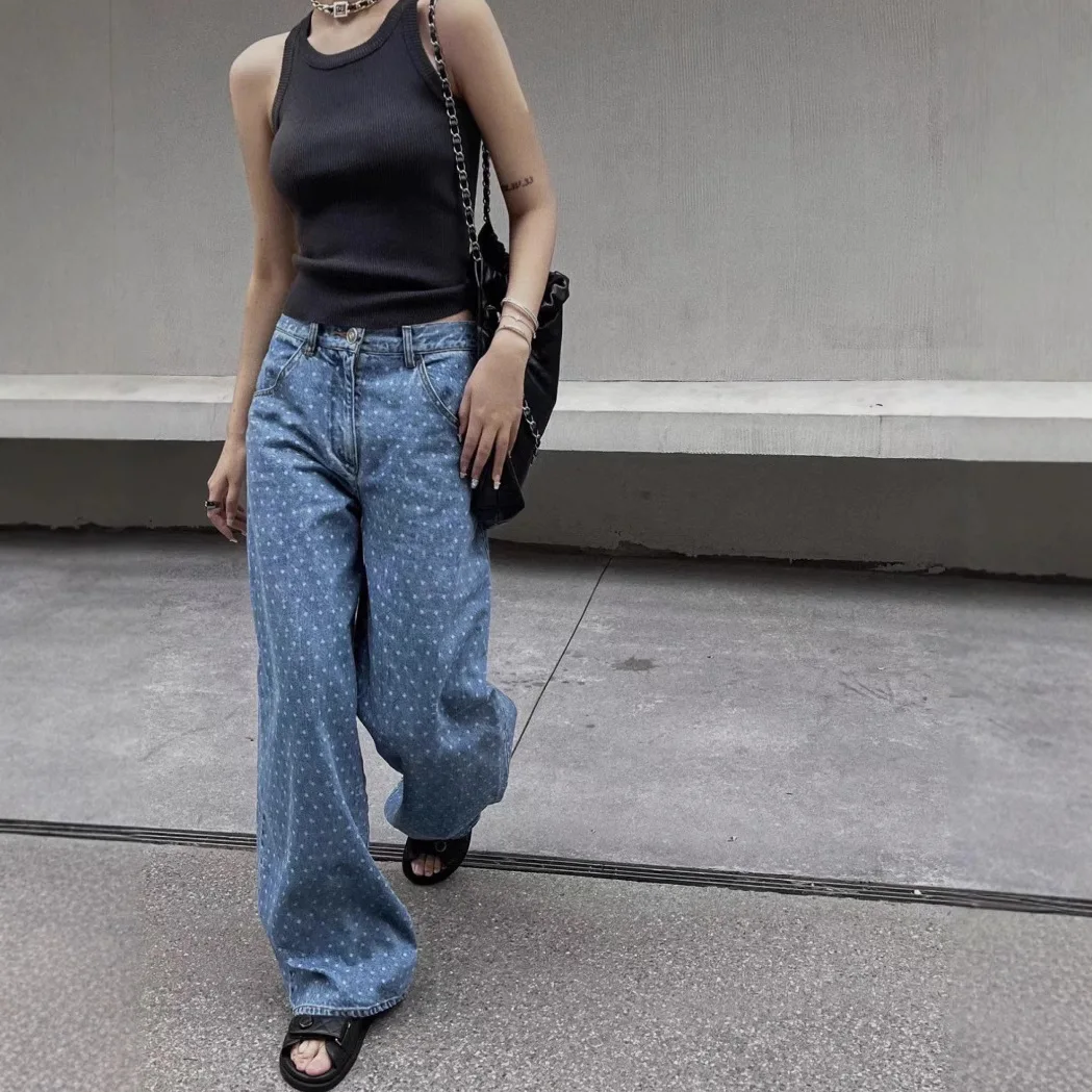  Laser Polka Dot High Waist Wide Leg Floor Length Women's Jeans Casual Style Cotton Fabric Zipper Closure Autumn Wear