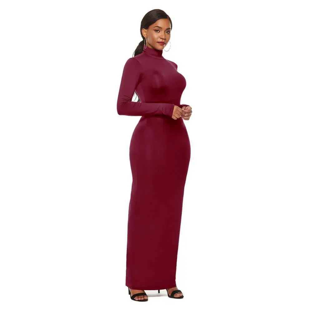 Women Long Dresses Plus Size Party Solid Color Women Long Sleeve Turtleneck Bodycon Dress Maxi Vestidos S-5XL