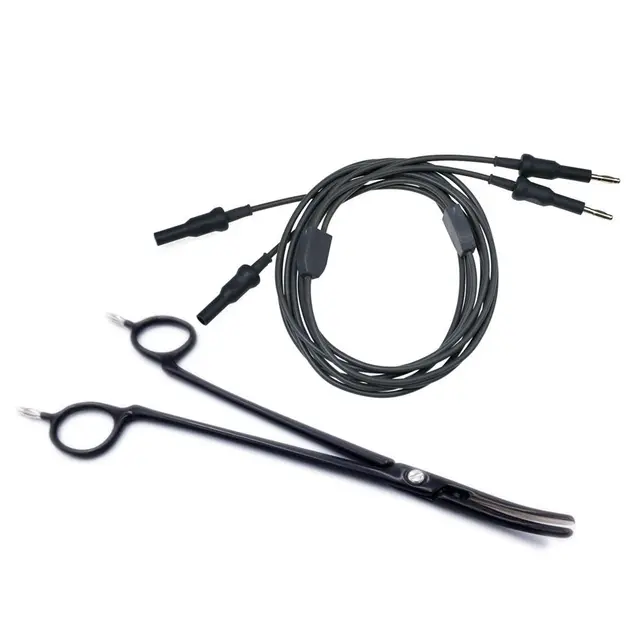 Kabel do kleszczy bipolarnych wielokrotnego użytku, z wtykiem bananowym 4mm na gniazdo bananowe 4mm, końcówka polska z wtykiem bananowym 4mm, nieprzywierająca powłoka.