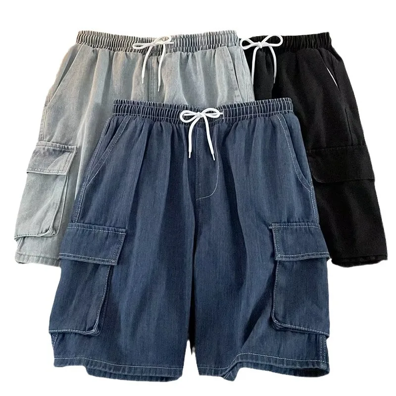 Vintage Cargo Trousers Summer New Men's Spliced Elastic Mid Waist Drawstring Pockets Fashion Loose Sweatpants Jeans Shorts