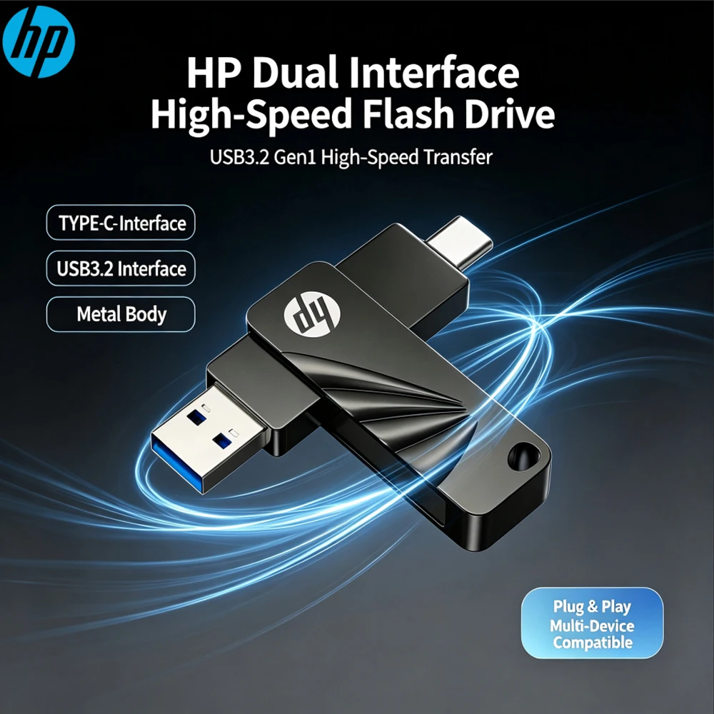 HP 762C USB Flash Drive 64GB 128GB 256GB Metal Dual Connector Type C USB 3.2 Memory Stick for Phone Laptop Computer