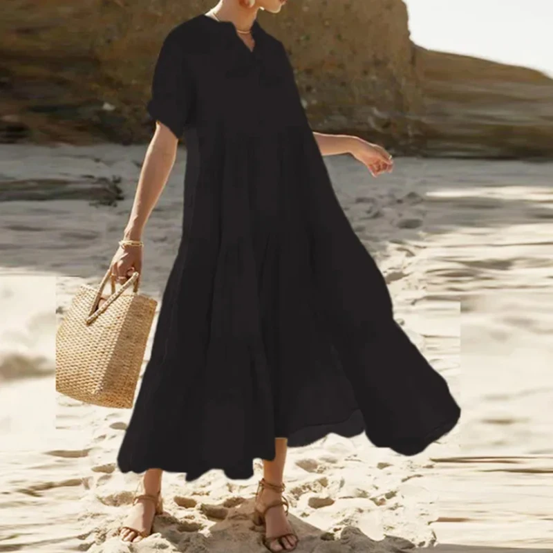 Casual Button V Neck Loose Maxi Dress Elegant Short Sleeve Solid Color Pullover Dresses Fashion Commute Women's Pleated Dresses