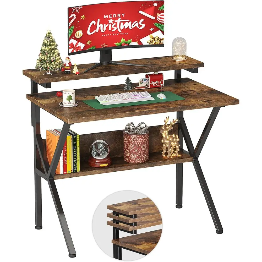 

Компактный стол 27,5 дюймов для небольших помещений с регулируемой подставкой для монитора и местом для хранения, идеально подходит для спальни или домашнего офиса в деревенском стиле Br