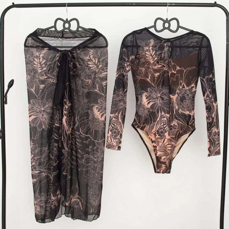 

Mesh Retro Printed Bikini Women Swimwear High Cut One Piece Swimsuit Bandage Cover Up Skirt Beach Luxury Elegant Two-pieces 2025
