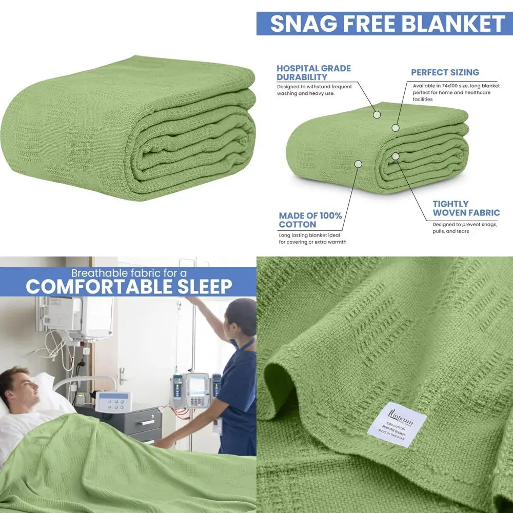 

Хлопковое термоодеяло, 100% хлопок, 2 упаковки, 74x100 дюймов, зеленое, Snagless, больничное качество