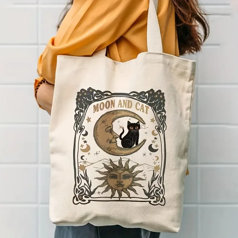 

Moon and Cat Printed Canvas Handbag Black Cat Crescent Moon Sun Retro Shopping Bag Tote Bag Astrology Pattern Shoulder Bag