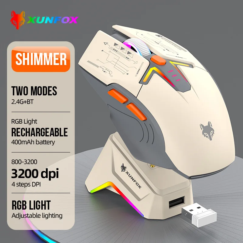

Беспроводная мышь Bluetooth 2,4G USB Беспроводная игровая мышь RGB Light Магнитная зарядная док-станция 7 клавиш Эргономичная 3200 точек на дюйм H2 для Win iOS