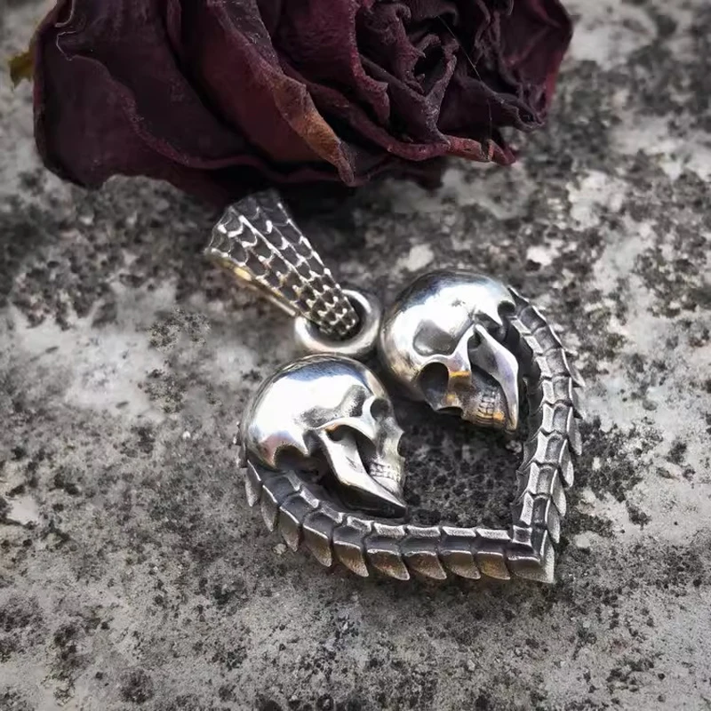 Skull Heart 925 Sterling Silver Necklace Pendant Round Bead Pendant Couples Gifts EDC Pendant