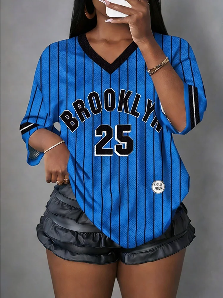 Sommer-T-Shirt für Damen und Kinder, V-Ausschnitt, Kurzarm, gestreift, Brooklyn Nr. 25 Print, Sport-Oberteil, lässiges Fußballtrikot, Y2k-T-Shirt – Detail 12