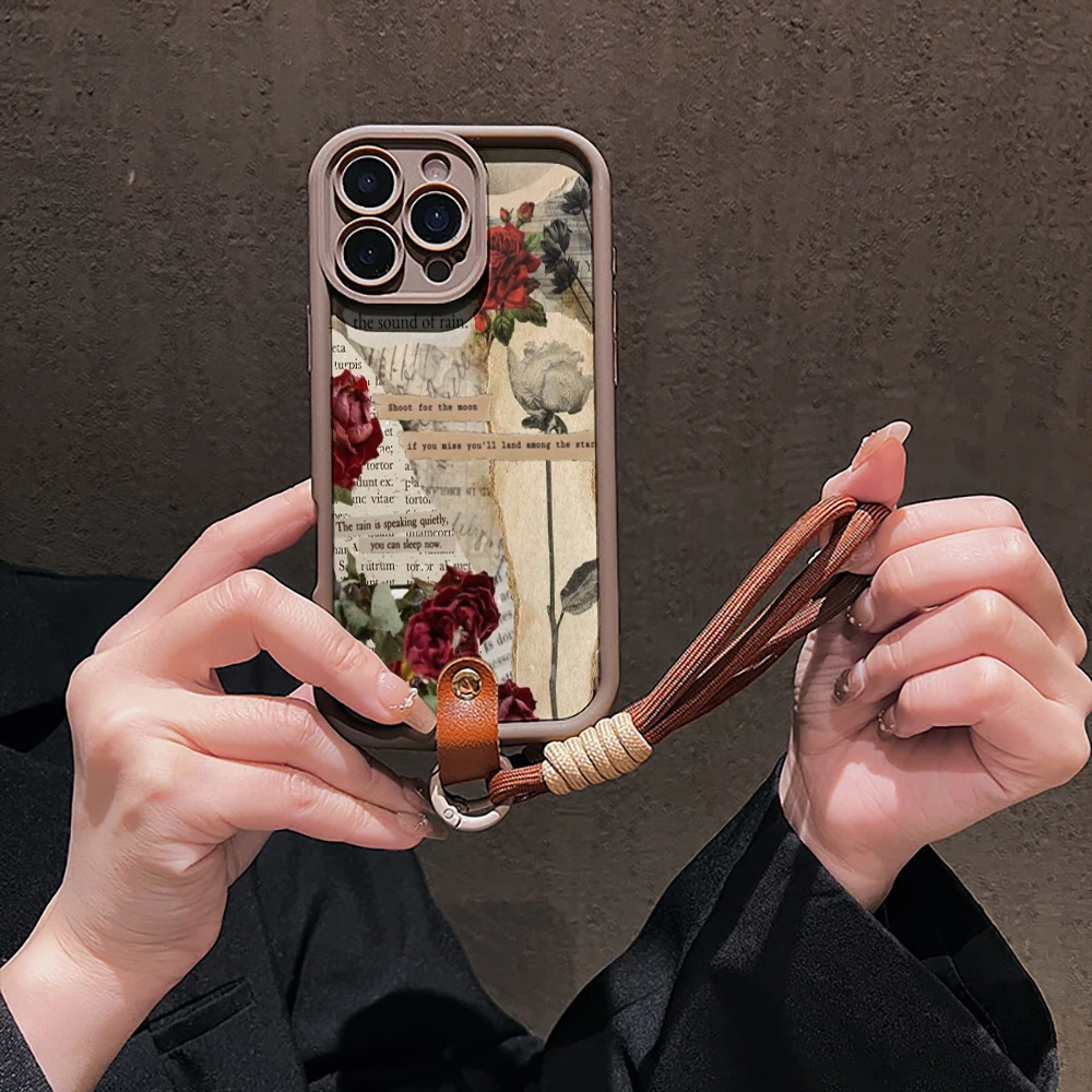 Vintage-Rosen-Silikon-Handyhülle für iPhone 17 16 17 Pro 15 14 13 12 11 Pro Max 16E 7 8 Plus XR XS mit Lanyard Stoßfeste Hülle – Detail 4