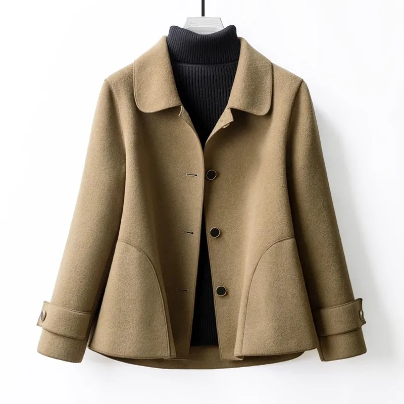 Autumn Winter New Double-Sided Wool Coat Women\'s Section Doll Collar Short Woolen Coats Black Cardigan Outerwear Female