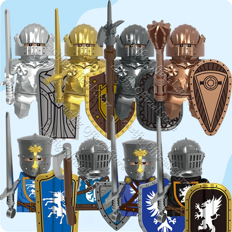 Château médiéval, chevalier gothique, armure militaire, figurines de soldats, blocs de construction, guerrier d'infanterie, épée, casque, bouclier, briques, jouets pour garçons
