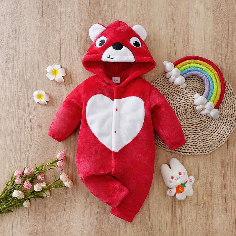 بذلة شتوية من الصوف للأطفال ملابس دافئة بغطاء للرأس، ملابس ثلج لطيفة على شكل دب أحمر للأطفال في الهواء الطلق