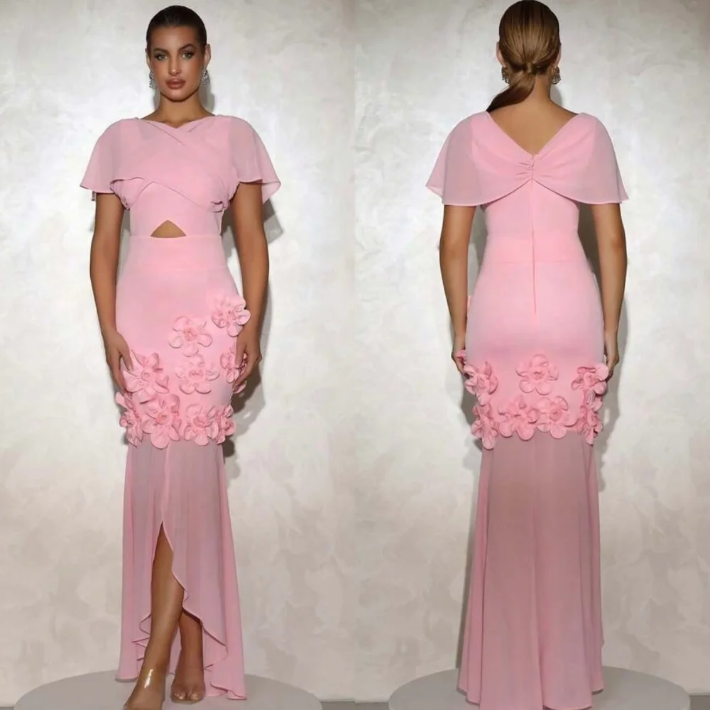 Customized Modern Style Classic Chiffon Handmade Flower Pleat Column Scoop Neck Ankle Length Dresses Bespoke Occasion Dresses