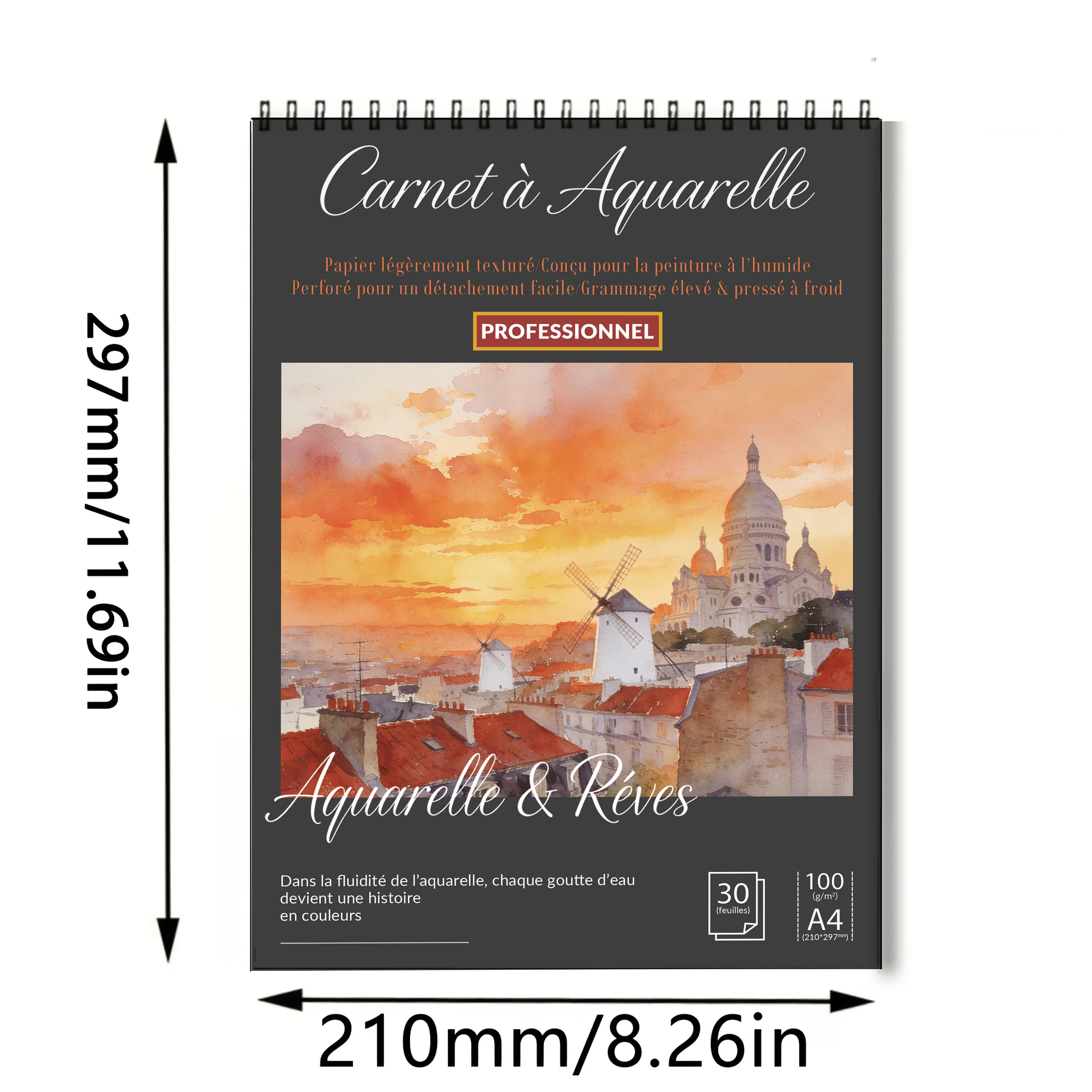 Spiral Bound Art Sketch Book A4  Black Hardcover Paris Cityscape Print, 100 GSM Acid-Free Paper Pad – Ideal for Artists & S