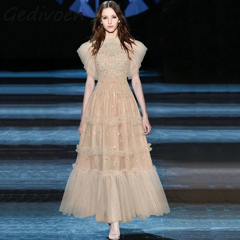 

Gedivoen Summer Fashion Designer Vintage Mesh Dress Women's Butterfly Sleeve Embroidery Elastic Waist Ruffles Spliced Long Dress