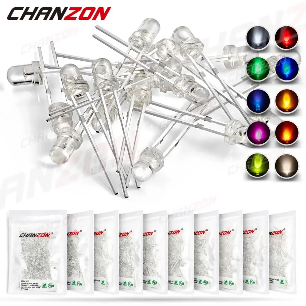 Kit de diodo led de 3mm, emissor de luz, branco quente, vermelho, azul, verde, uv, laranja, amarelo, rosa, conjunto de lâmpada, 2v, 3v, variedade pcb