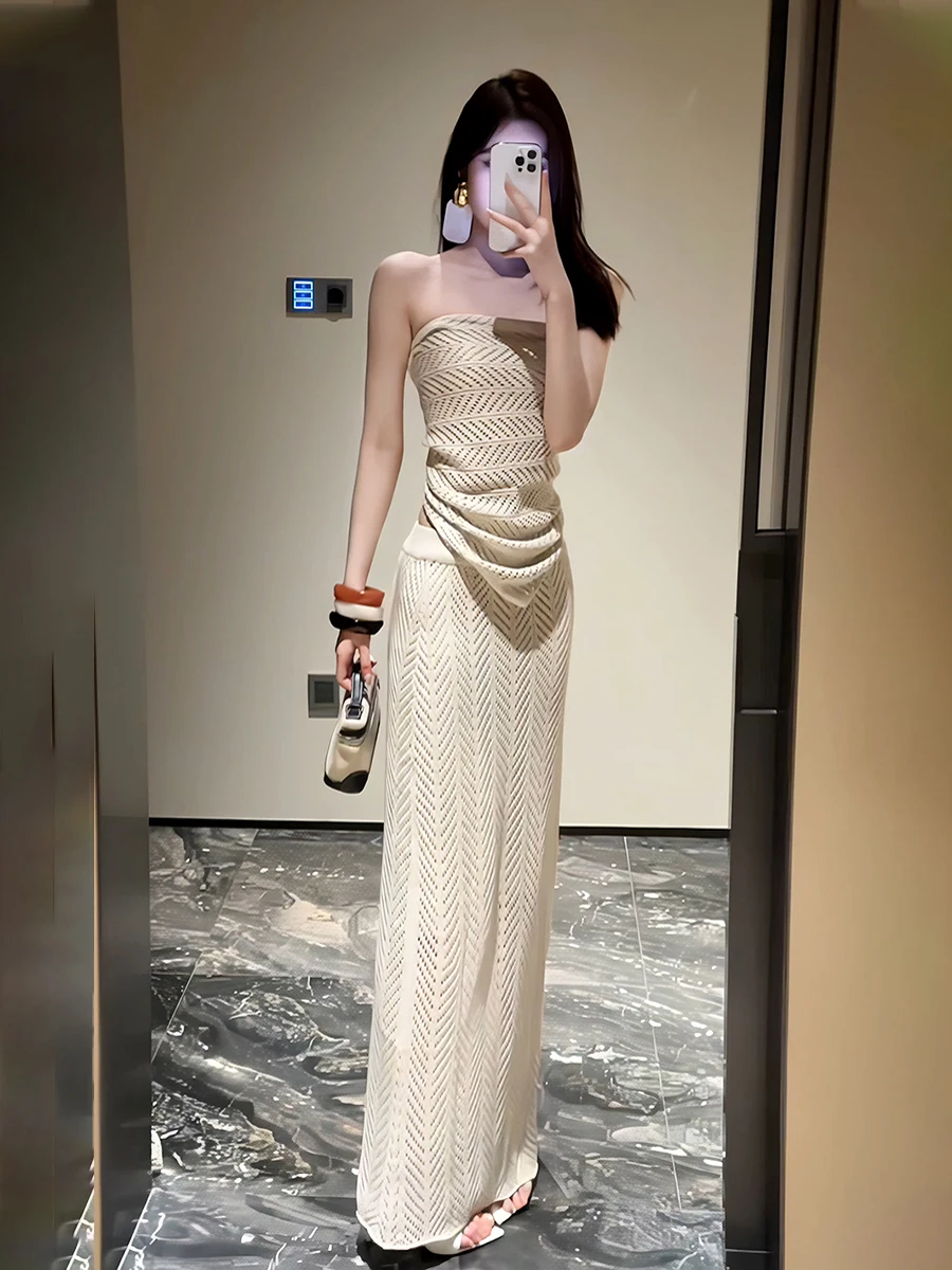 

Summer New Women's Knitted Three-Piece Set Sleeveless Neck Hanging Top Bodycon Skirt French Style Cotton Blend Fashion