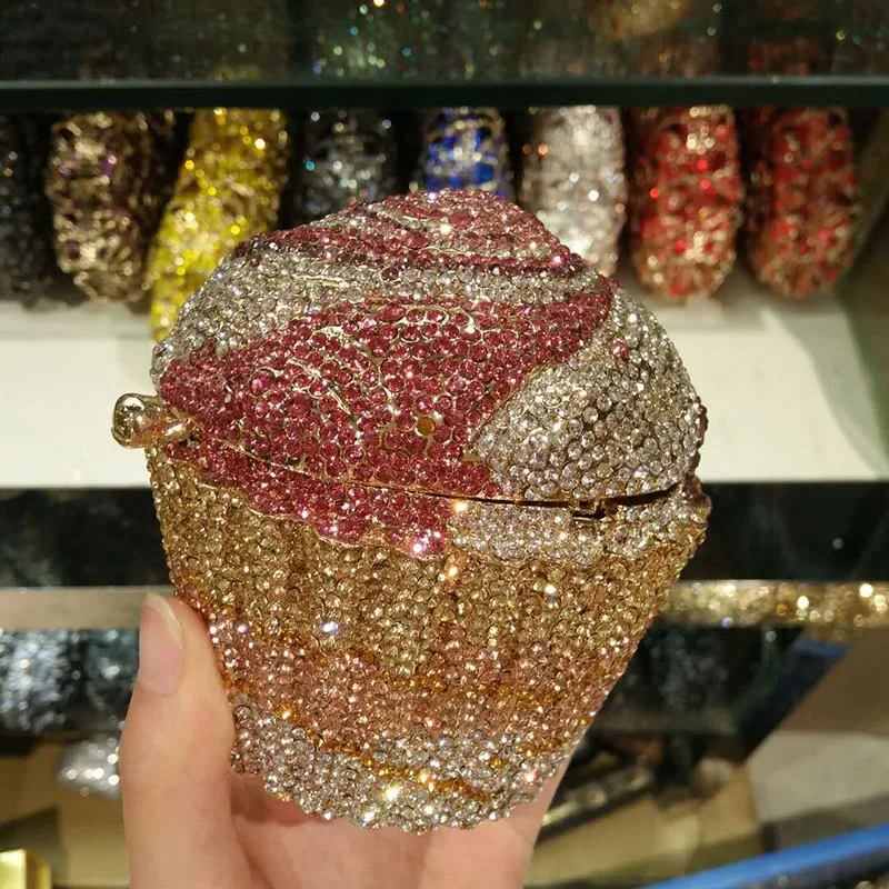Cupcake Shape Rhinestone Evening Bag Women Chic Sparkly Diamond Mini Metal Clutch Purse And Handbag Wedding Party Prom