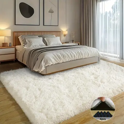 Off-White Soft Shaggy Non-Slip Rugs for Living Room/Bedroom/Nursery – Luxury Plush Carpet with 4 Rug Stickers, Ideal Room Decor