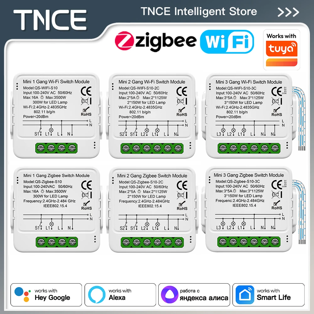 TNCE Tuya Light Switch WIFI or Zigbee, Smart DIY 1/2/3gang 2-Way control MINI Module Breaker, voice with alexa google home Alice