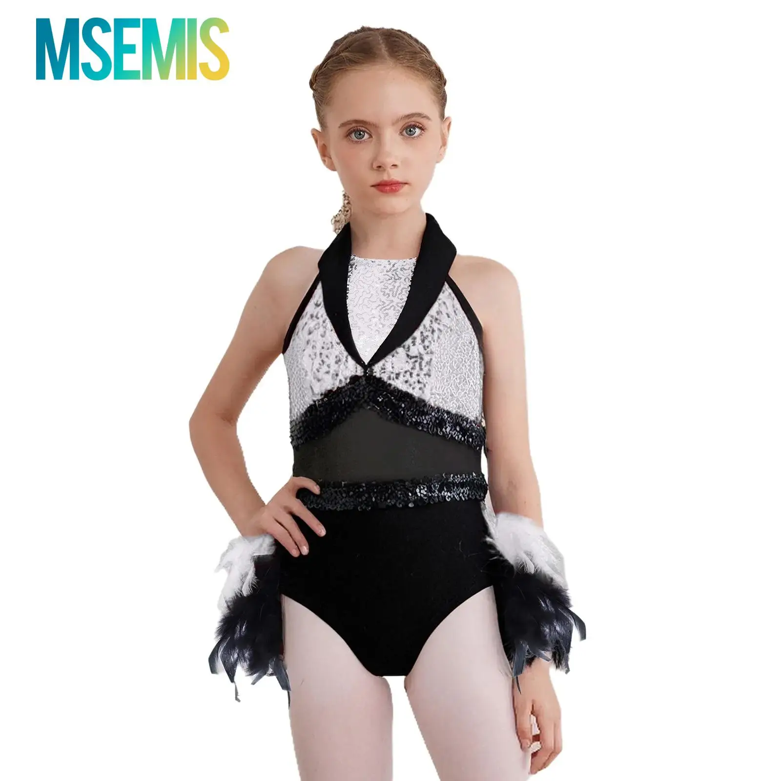 Kids Girls Gymnastics Jazz Latin Dance Leotard Dress Stage Performance Costume Sheer Mesh Waist Shiny Sequins Feather Dancewear