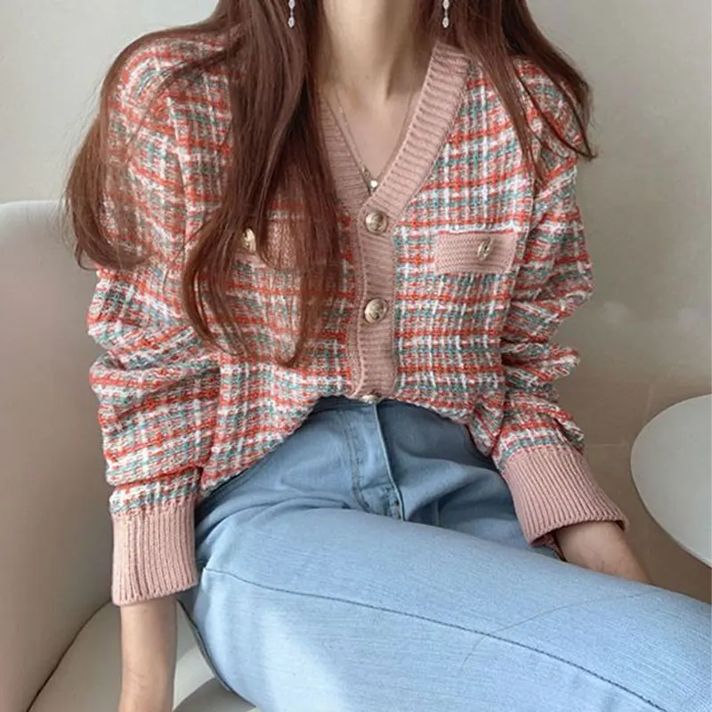 Stylish Vintage Single-breasted Cardigan Plaid Autumn Winter Long Sleeve Women's Clothing Casual V-Neck Loose Knitted Sweaters