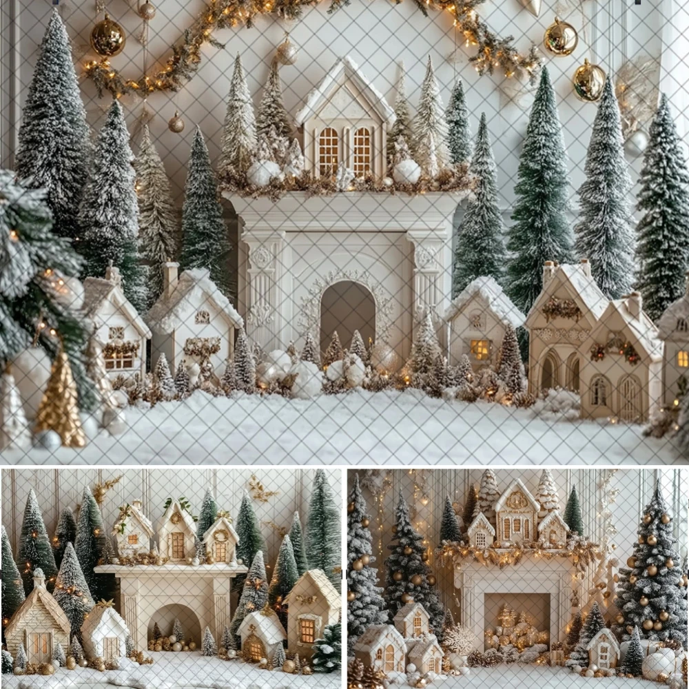 

Christmas Photography Background White Cottage Fireplace Tree Wreath Decoration Backdrop Family Kid Holiday Party Prom Studio