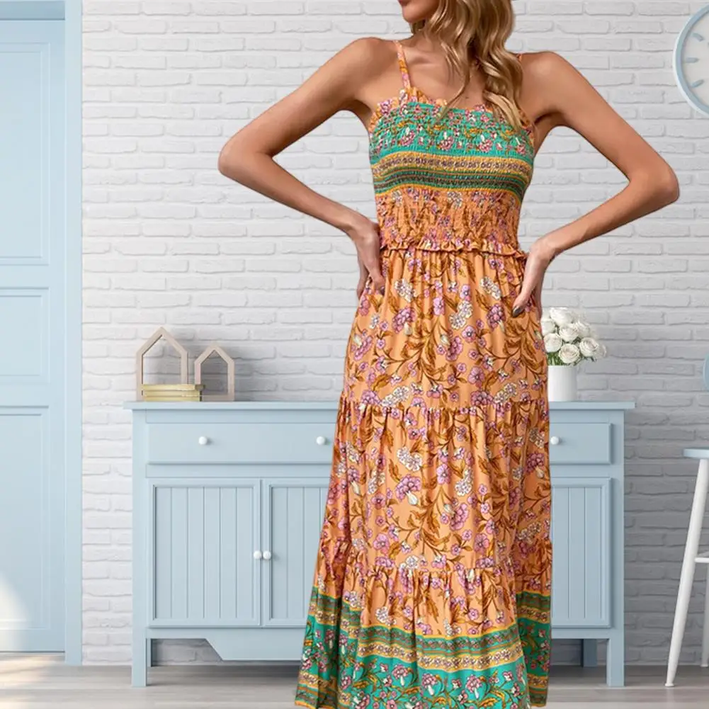 Vestido largo con tirantes para mujer, traje de estilo étnico con detalles de retazos fruncidos, dobladillo de línea a, vestido de verano alto para vacaciones