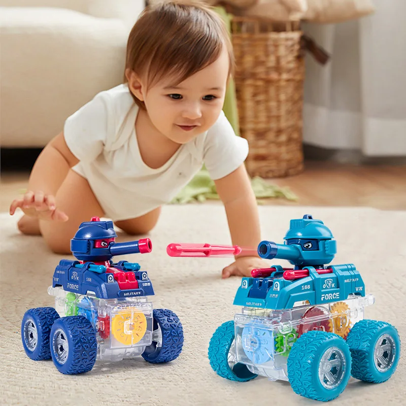 Children's Toy Car Transparent Gear Combat Tank Light-emitting Stunt Four-wheel Drive Inertial Car Children's Gifts For Boys