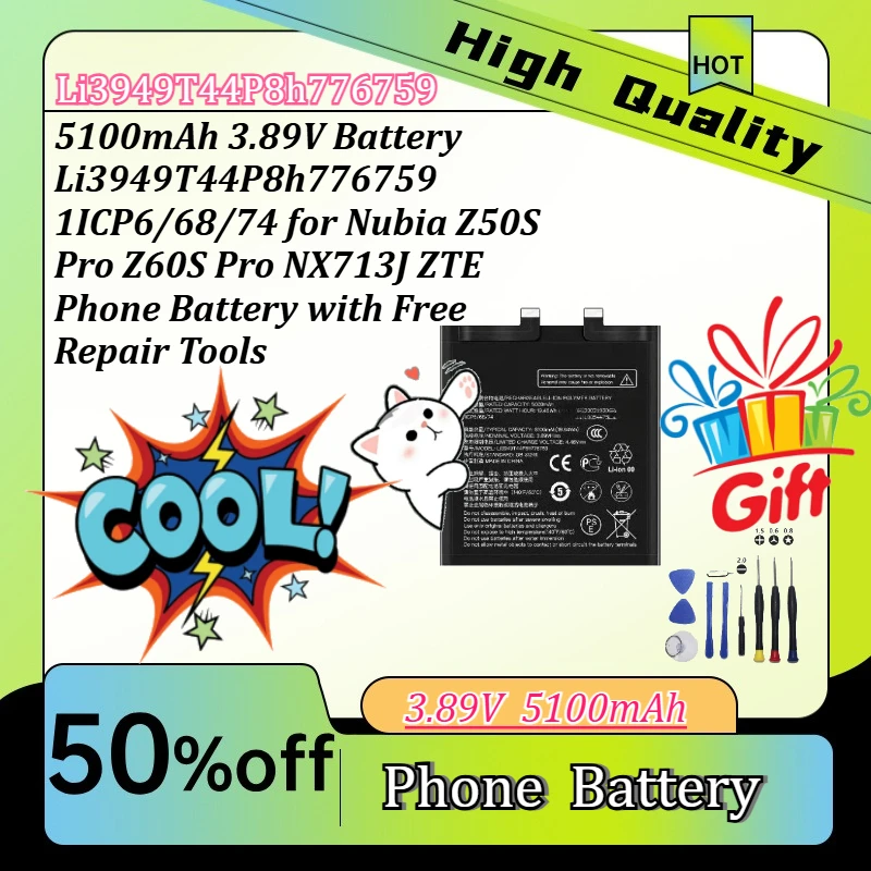 

5100mAh 3.89V Battery Li3949T44P8h776759 1ICP6/68/74 for Nubia Z50S Pro Z60S Pro NX713J ZTE Phone Battery with Free Repair Tools