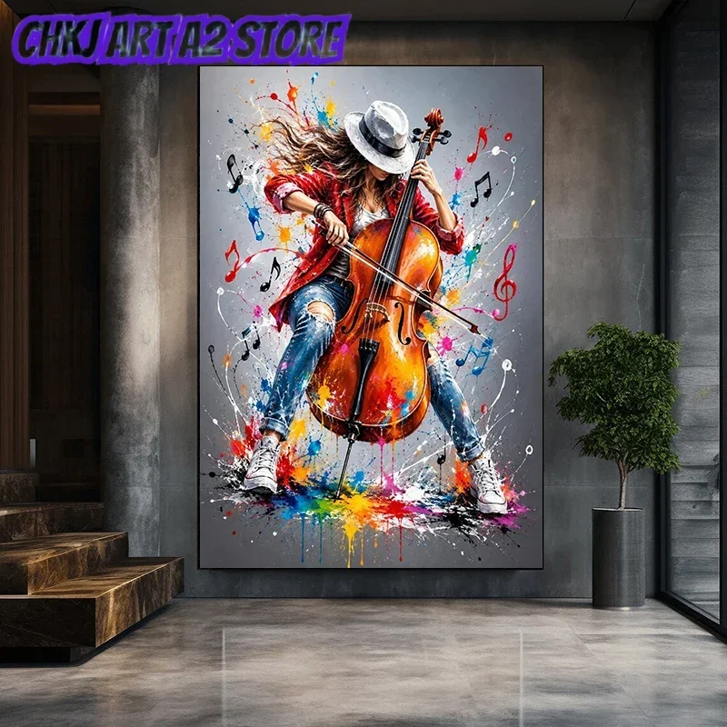Vibrant Woman Playing The Cello Abstract Music Poster and Prints Canvas Painting Wall Art Pictures Home Decor Cuadros