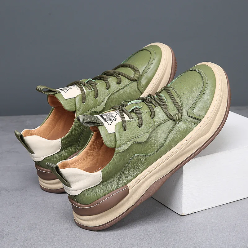 Spring New Men Genuine Leather Casual Shoes Trend Casual Sport Shoes Youth Street Cool Lace-up Sneakers