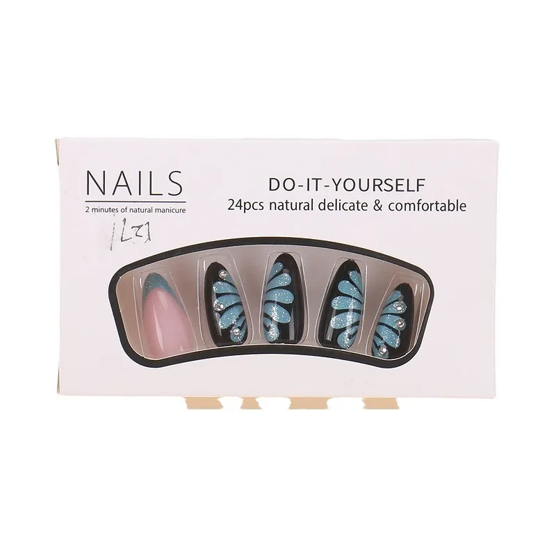 Prego falso de asas de borboleta para mulheres, imprensa removível na etiqueta do prego, remendo de unhas postiças acabado, azul, rosa, 24pcs