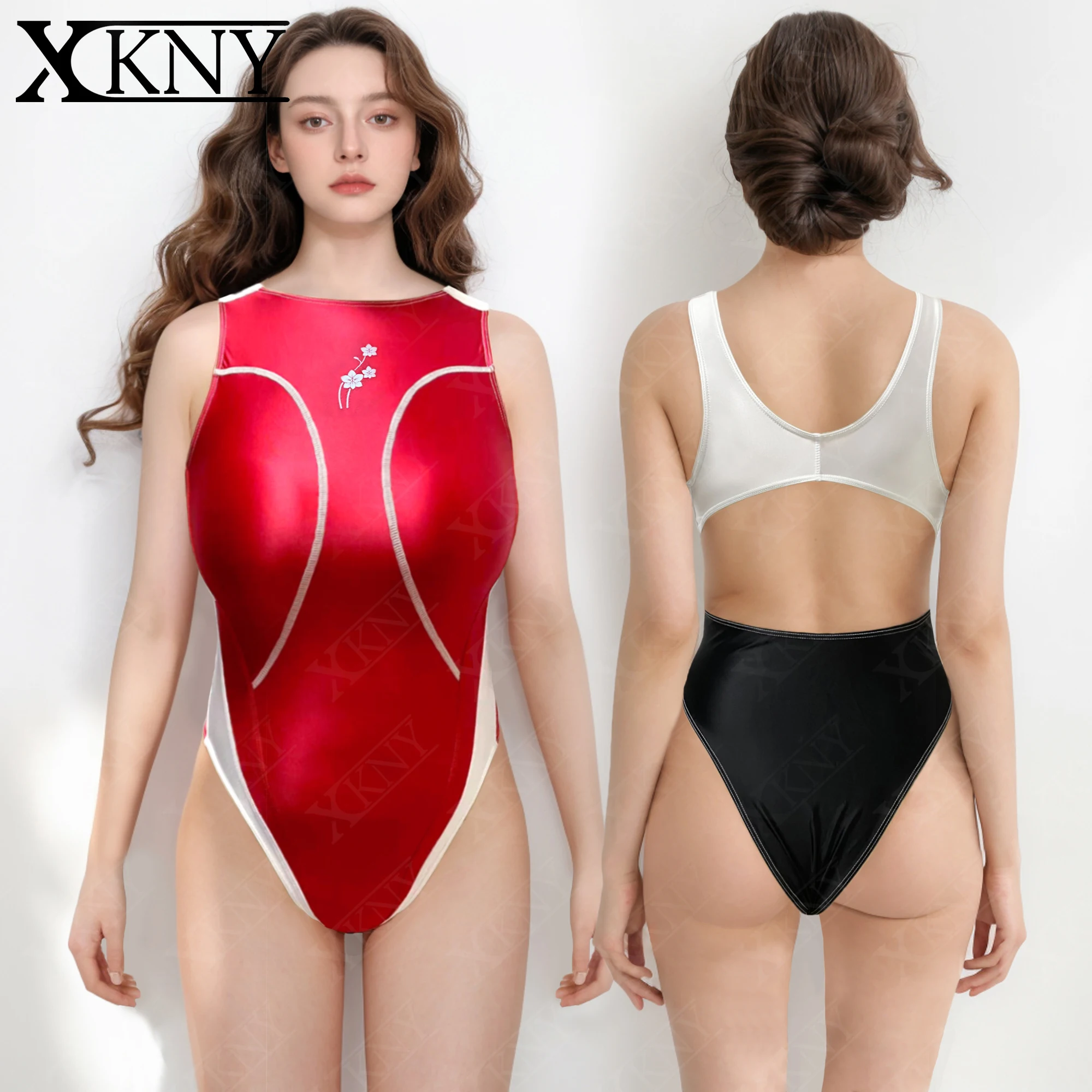 

XCKNY satin glossy swimsuit one piece Color blocked briefs Bareback Hot Spring Sexy high fork swimsuit