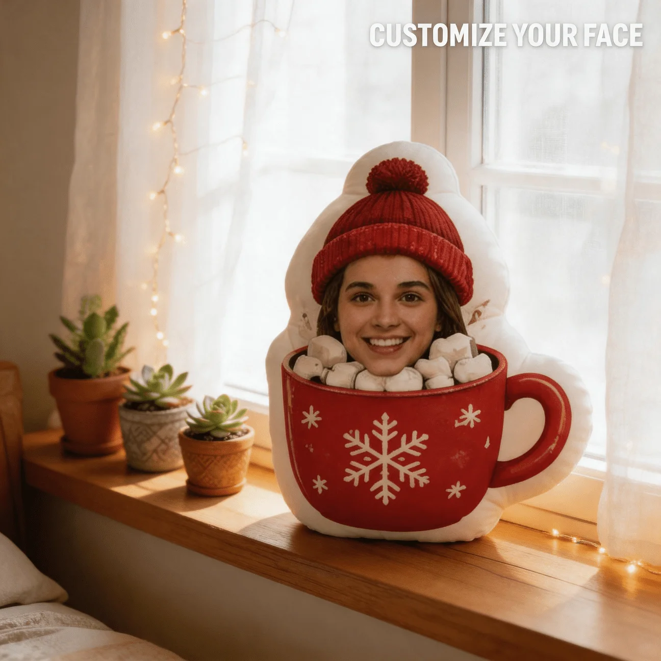 Custom Photo Hot Cocoa Mug Shaped Pillow, Personalized Face In Red Cup with Marshmallows & Beanie Decorative Cushion, 70cm Uniqu