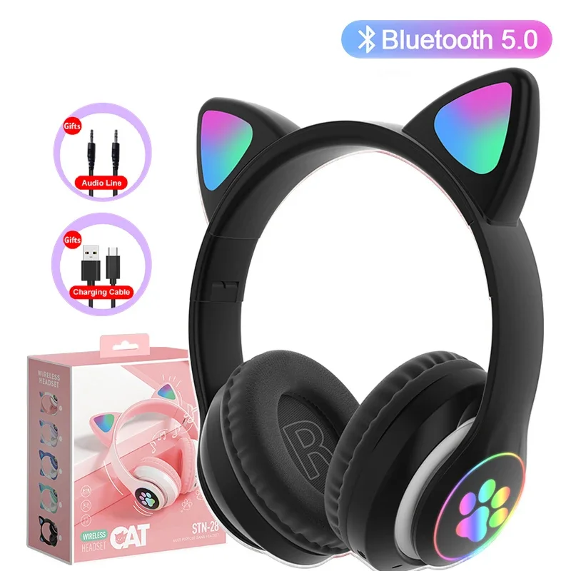 VIKEFON Blitzlampe, niedliche Katzenohren, Kopfhörer, Bluetooth 5.0, Stereo mit Mikrofon, unterstützt TF-Karte, kabellos, für Kinder und Mädchen, Kopfhörer, Geburtstagsgeschenk 4