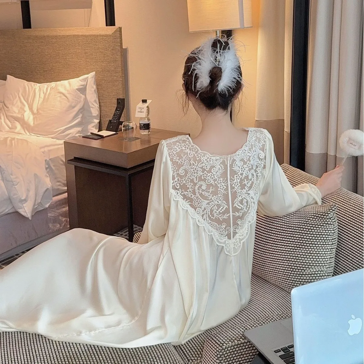 Plus Size Pajamas Lace Hollow Backless Nightgown Women Ice Silk Long Sleeve Pure Desire Loungewear Can Wear Out Advanced Sense