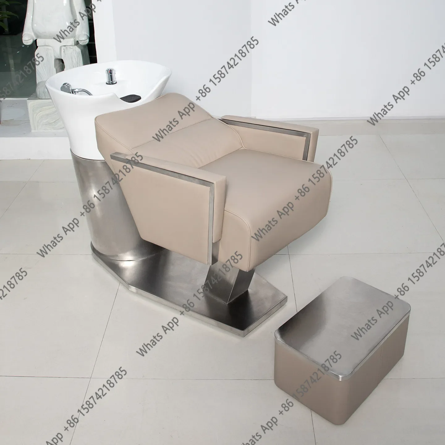 Kk Hairdresser Stainless Steel Hair Wash Bed Barber Shop Semi Reclining Hair Wash Bed Ceramic Light Glaze Deep Basin Hair Wash B