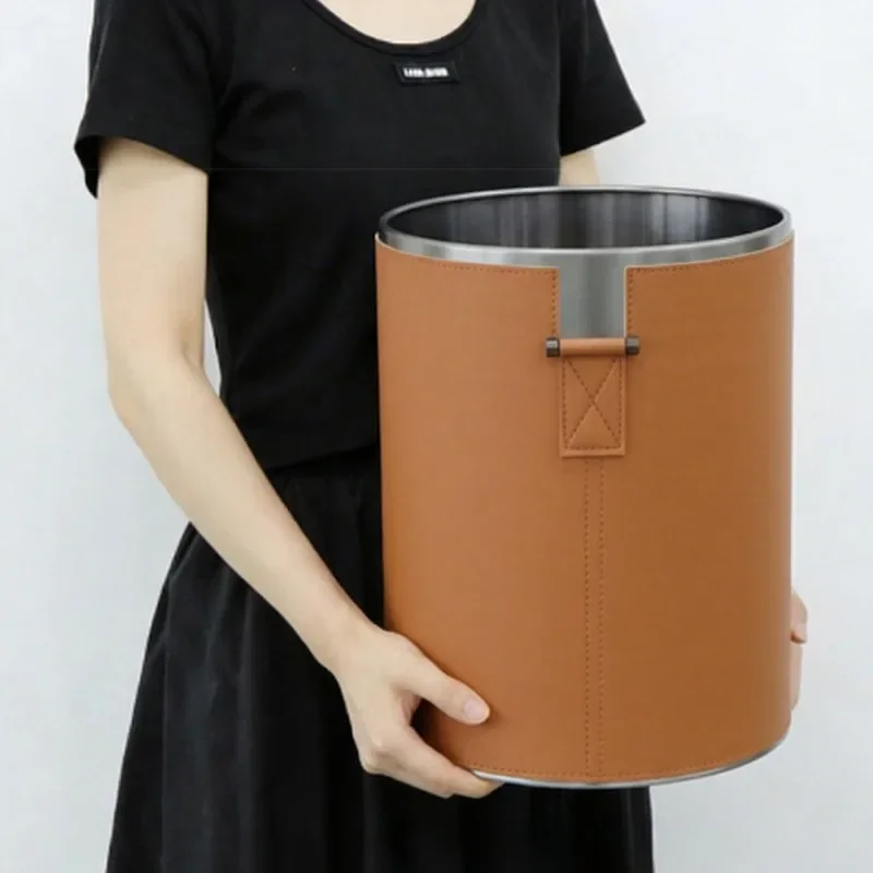 Leather Trash Can Bedroom Office Wastebasket Durable Easy Clean Trash Bin Waterproof Large Capacity Litter Bins for Bathroom