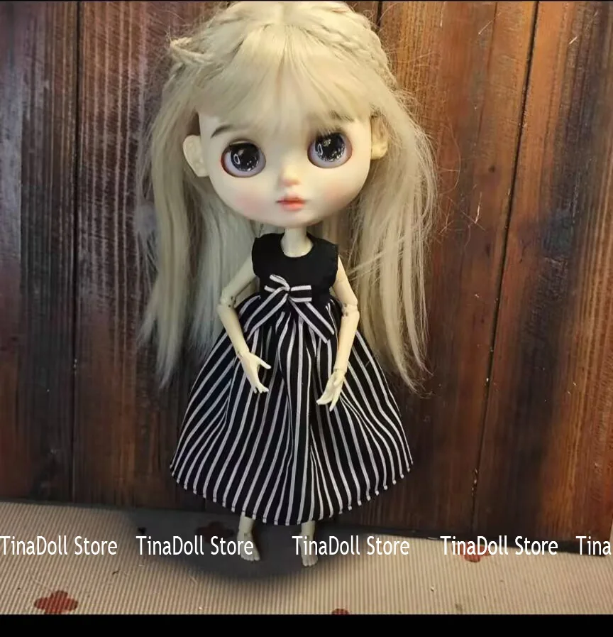 （TinaDoll Store) 1pcs Splicing black and white stripes Vest Skirt for Landazz Landoudou/Blythe/ob22/ob24 Doll
