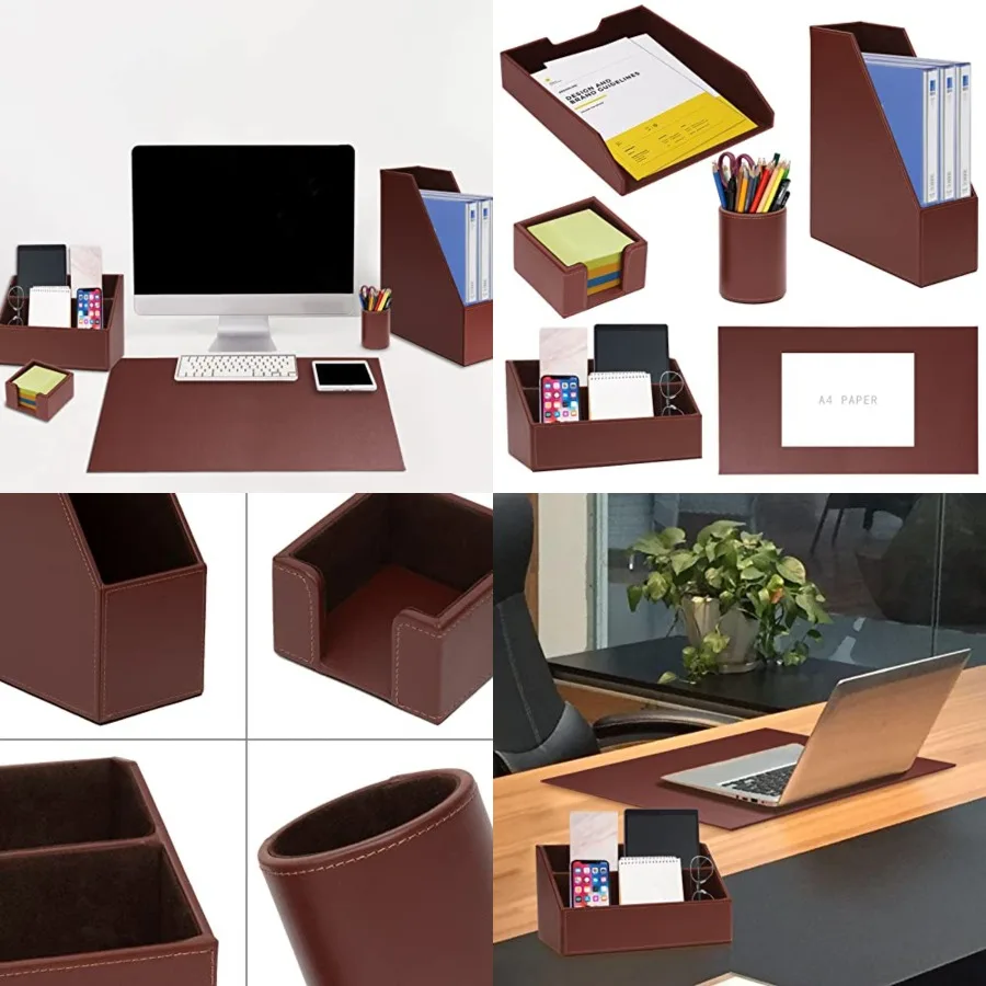 

6 Pcs Office Supplies/Desk Organizer Set with Desktop Leather Writing Pad, File Paper Tray, Magazine folder Holder, Pen Cup, St