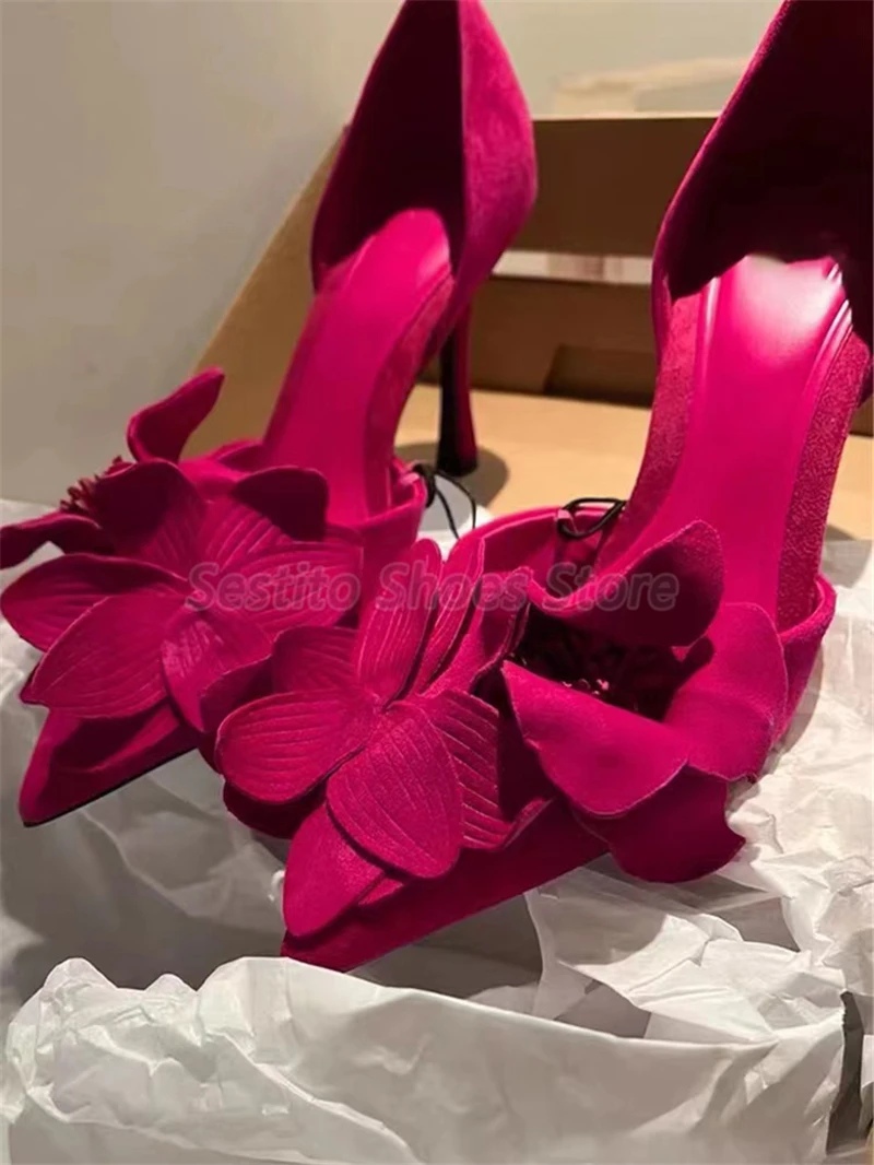 Sexy Satin Pointed Toe High Heels for Women Elegant Flower Decor Thin Heel Pumps Spring Summer New Banquet Wedding Dress Shoes