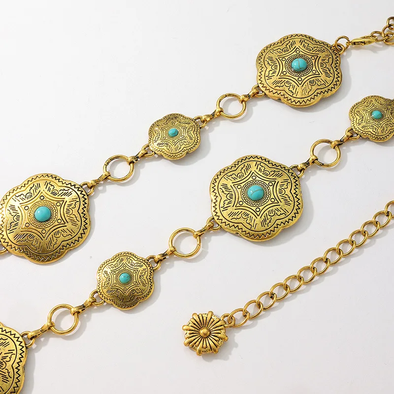 Ladies Flower Turquoise Western Aesthetic Bohemian Everything Stylish Metal Texture European and American Waist Chain