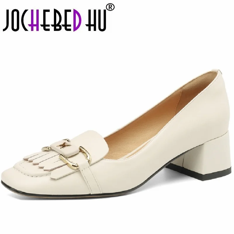 【JOCHEBED hu】 naturalne buty damskie z prawdziwej skóry na obcasie wiosna lato moda rekreacyjna dojazdy gruby wysoki obcas buty 34-40