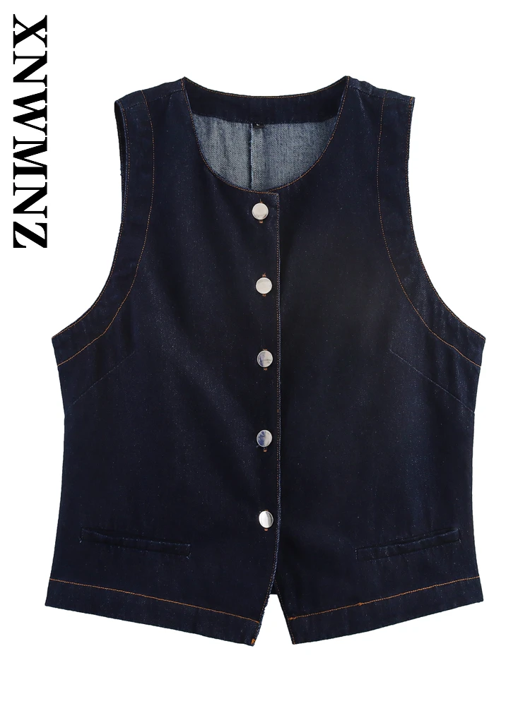 

XNWMNZ 2025 Spring New Lady Simple Casual Sleeveless O-Collar Denim Gilet Chic Fashion Woman Blue Single-breasted Commuting Vest